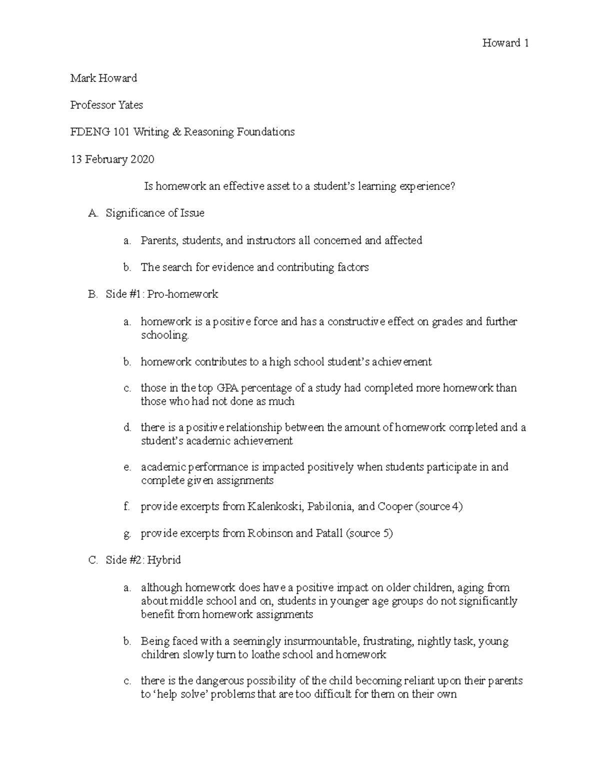 Part 2 Outline - beginning to essay work - Howard 1 Mark Howard ...