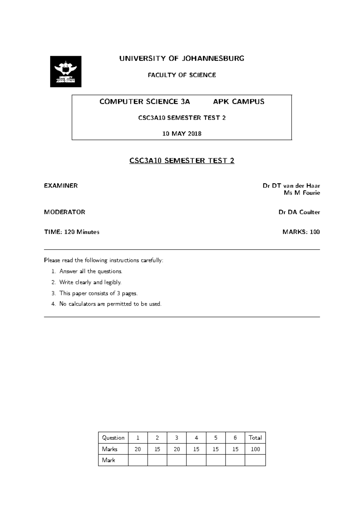 CSC3A10 Computer Science 3A Semester Test 2 - 10 May 2018 - Studocu
