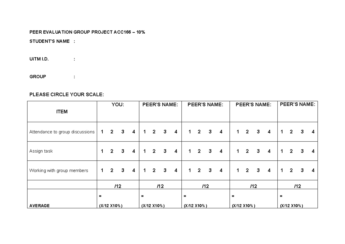 PEER Evaluation Template - PEER EVALUATION GROUP PROJECT ACC166 – 10% ...