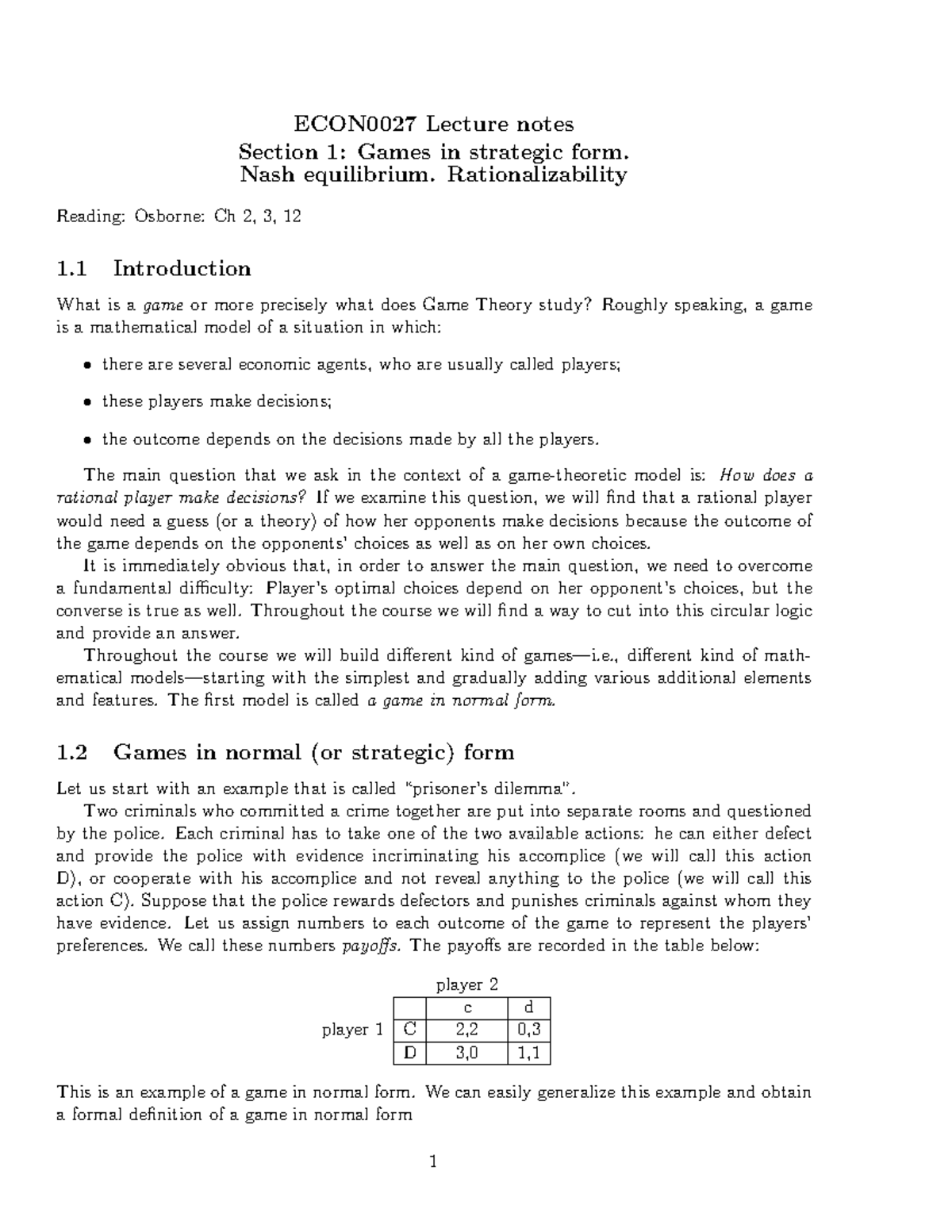 ECON0027 Lecture Notes: Strategic Form Games & Nash Equilibrium ...