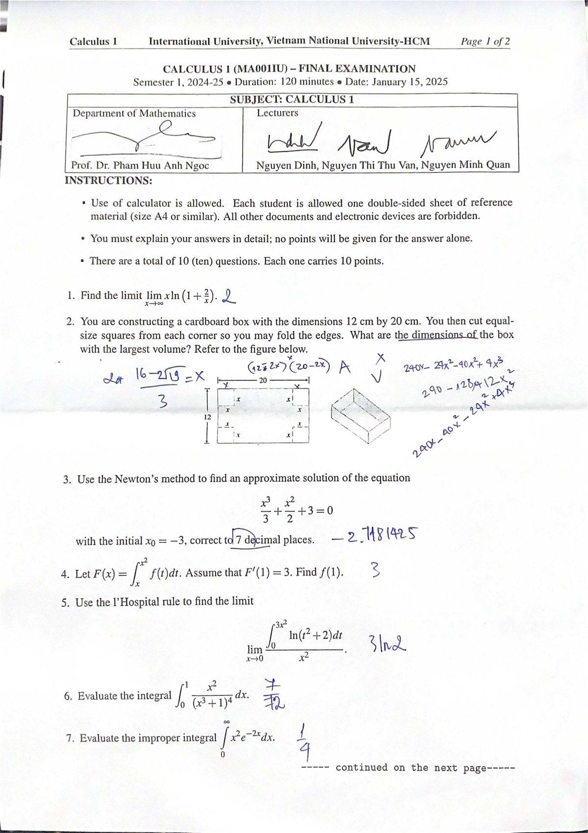 Calculus 1 (MA001IU) Final Exam Questions & Answers S1 2024-25 - Studocu