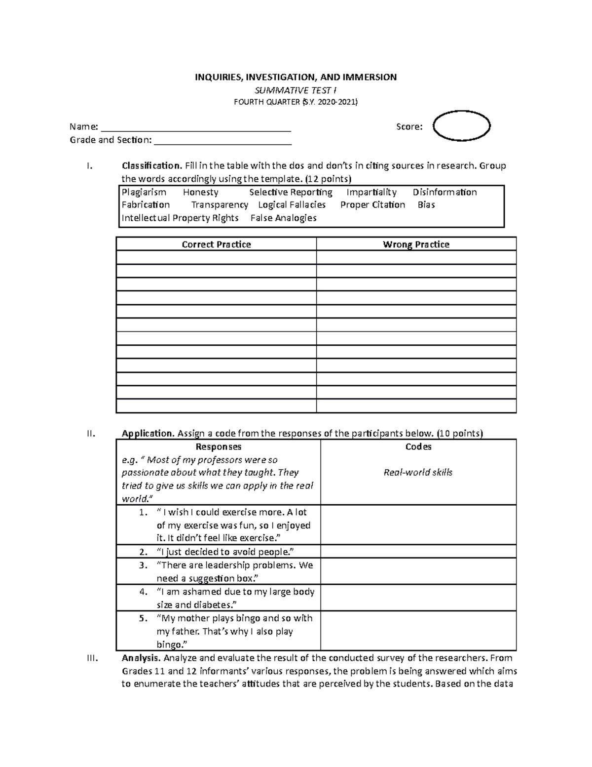 Summative Test I: Inquiries and Investigation - 4th Quarter (S.Y. 2020 ...