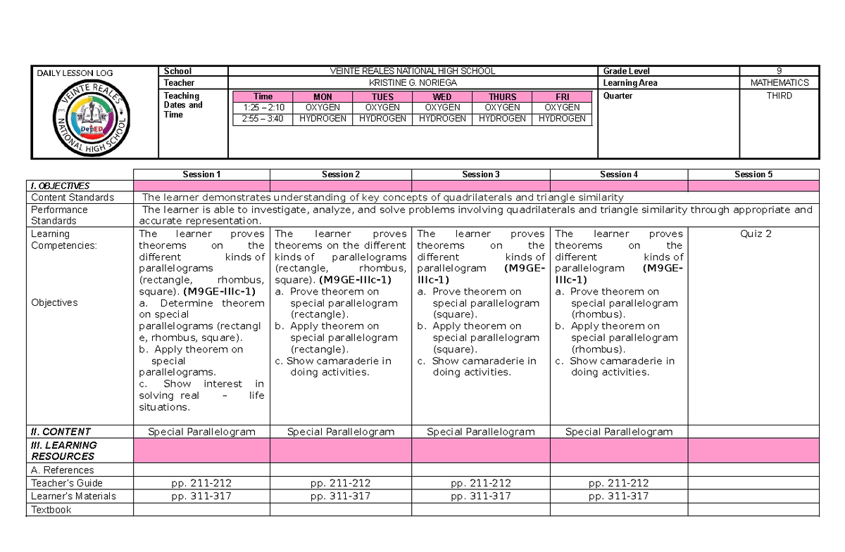 Week 3 Daily Lesson Log (DLL) for Grade 9 Math - Quadrilaterals and ...