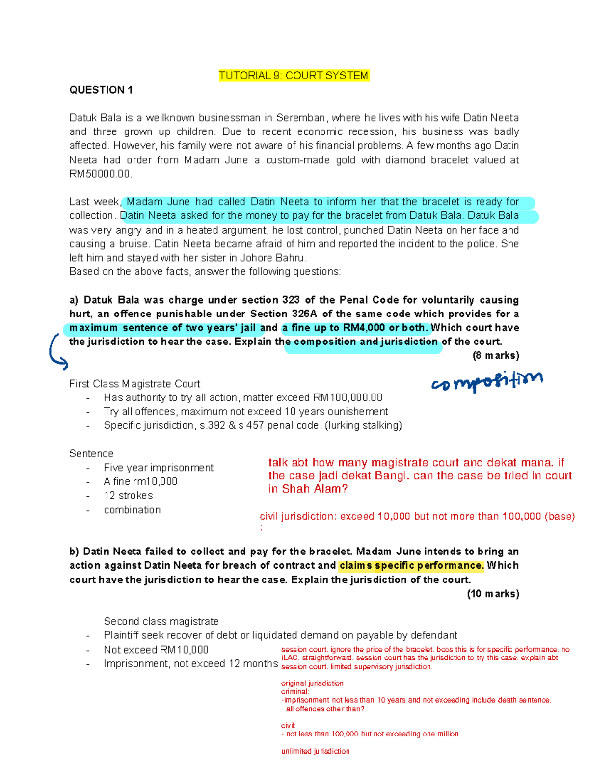 Tutorial 9: Court System Questions and Jurisdiction Analysis - Studocu