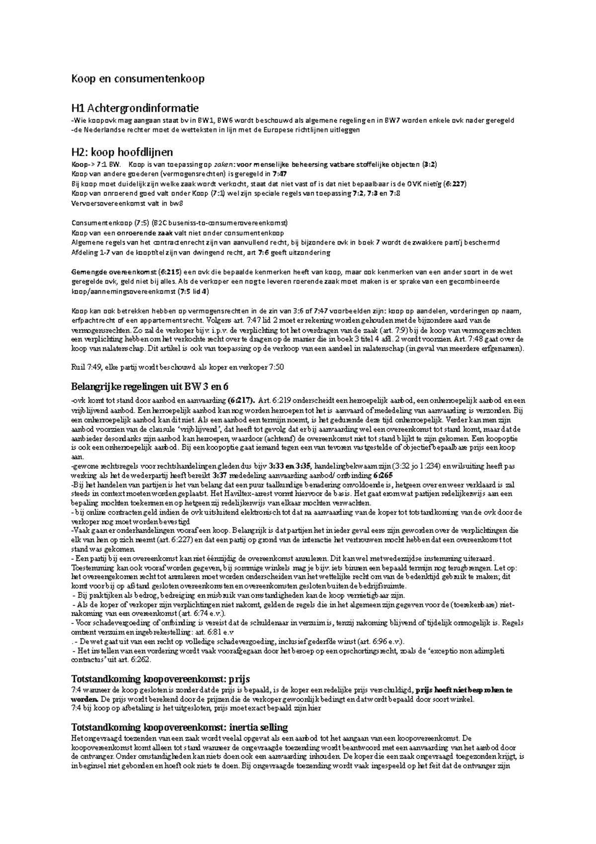 Koop en Consumentenkoop: BW1-7 Hoofdlijnen en Regelgeving - Studeersnel