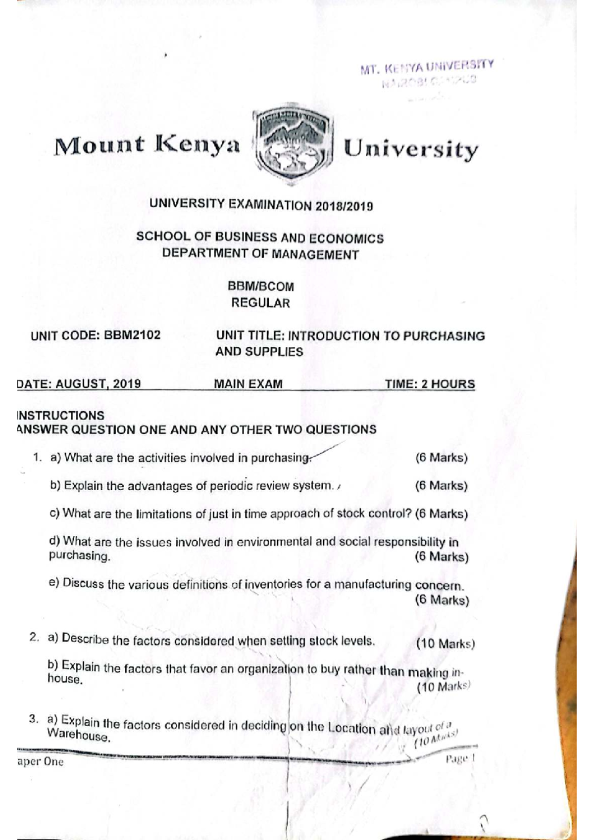 BBM2102: Introduction to purchasing and supplies exam questions - Studocu