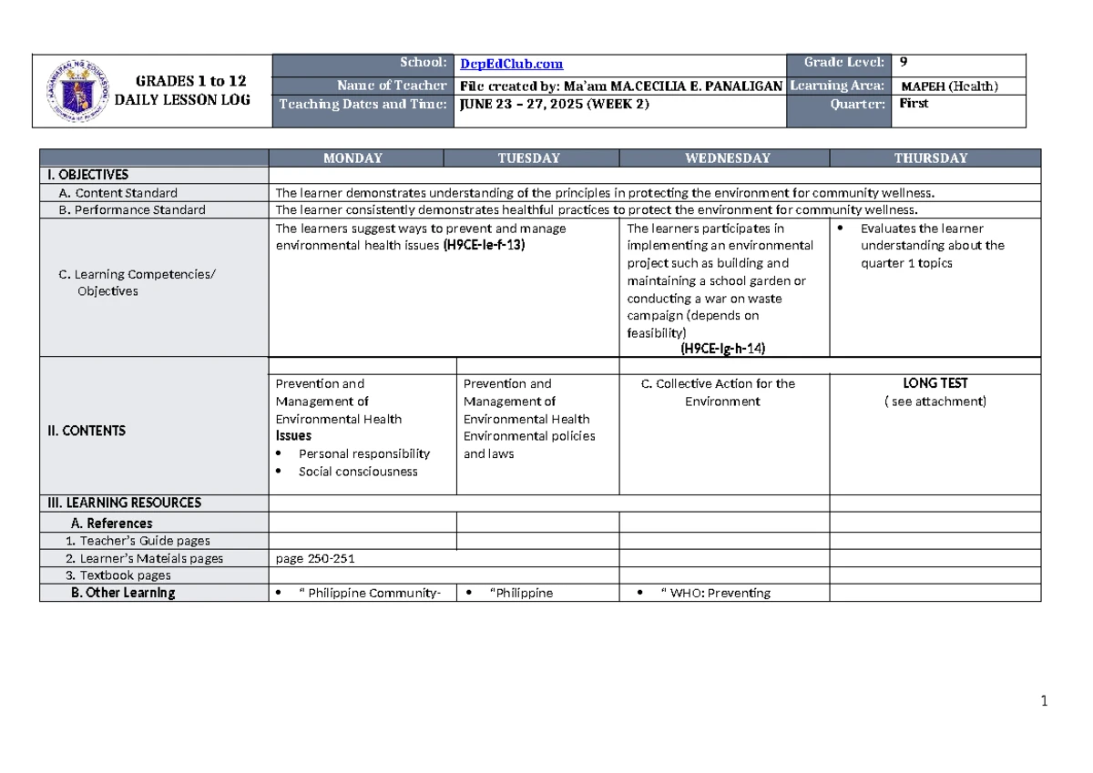 DLL MAPEH Arts 9 Q1 W2: Daily Lesson Log for June 23-27, 2025 - Studocu