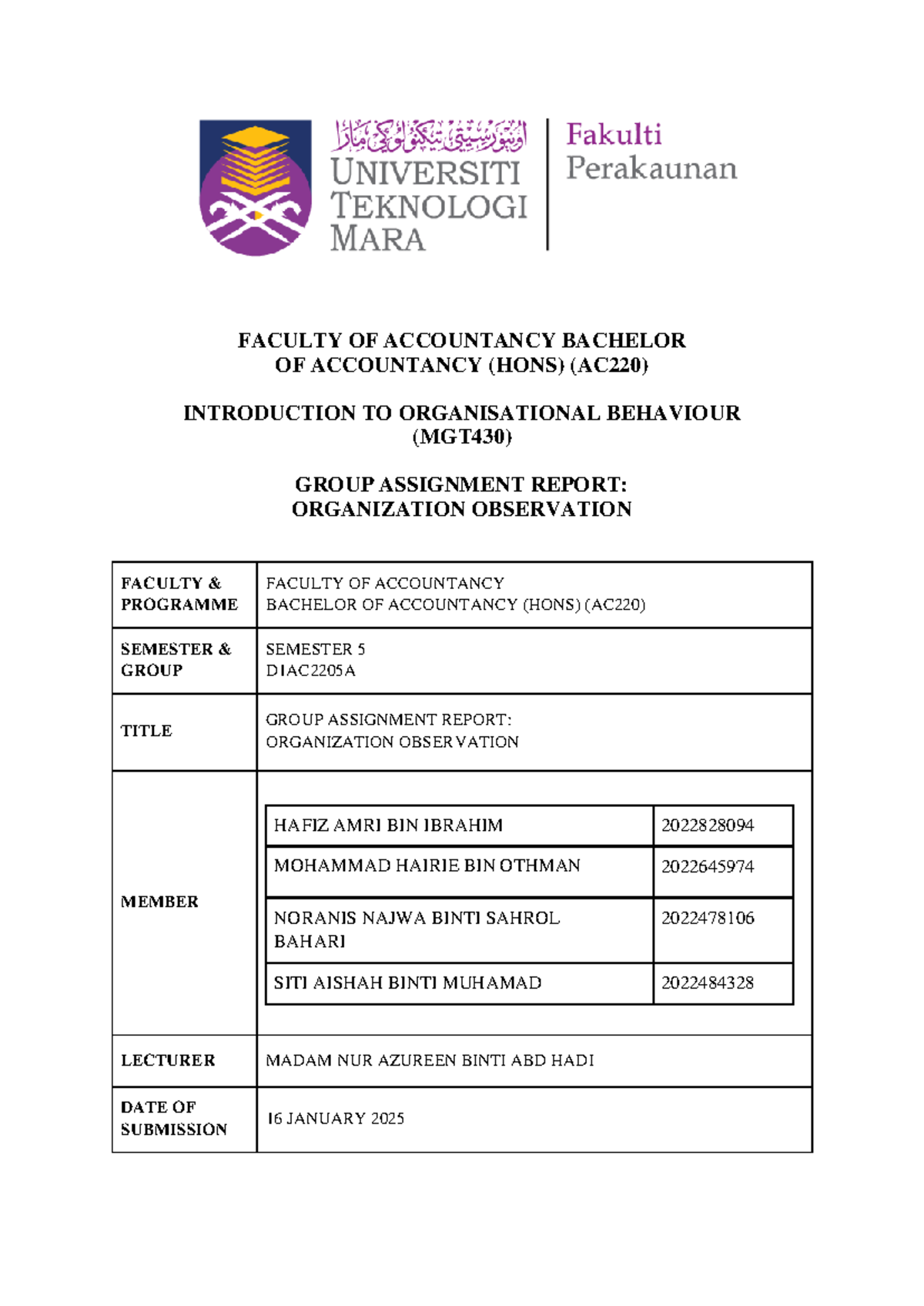 A4 Group Assignment Report Organization Observation - FACULTY OF ...