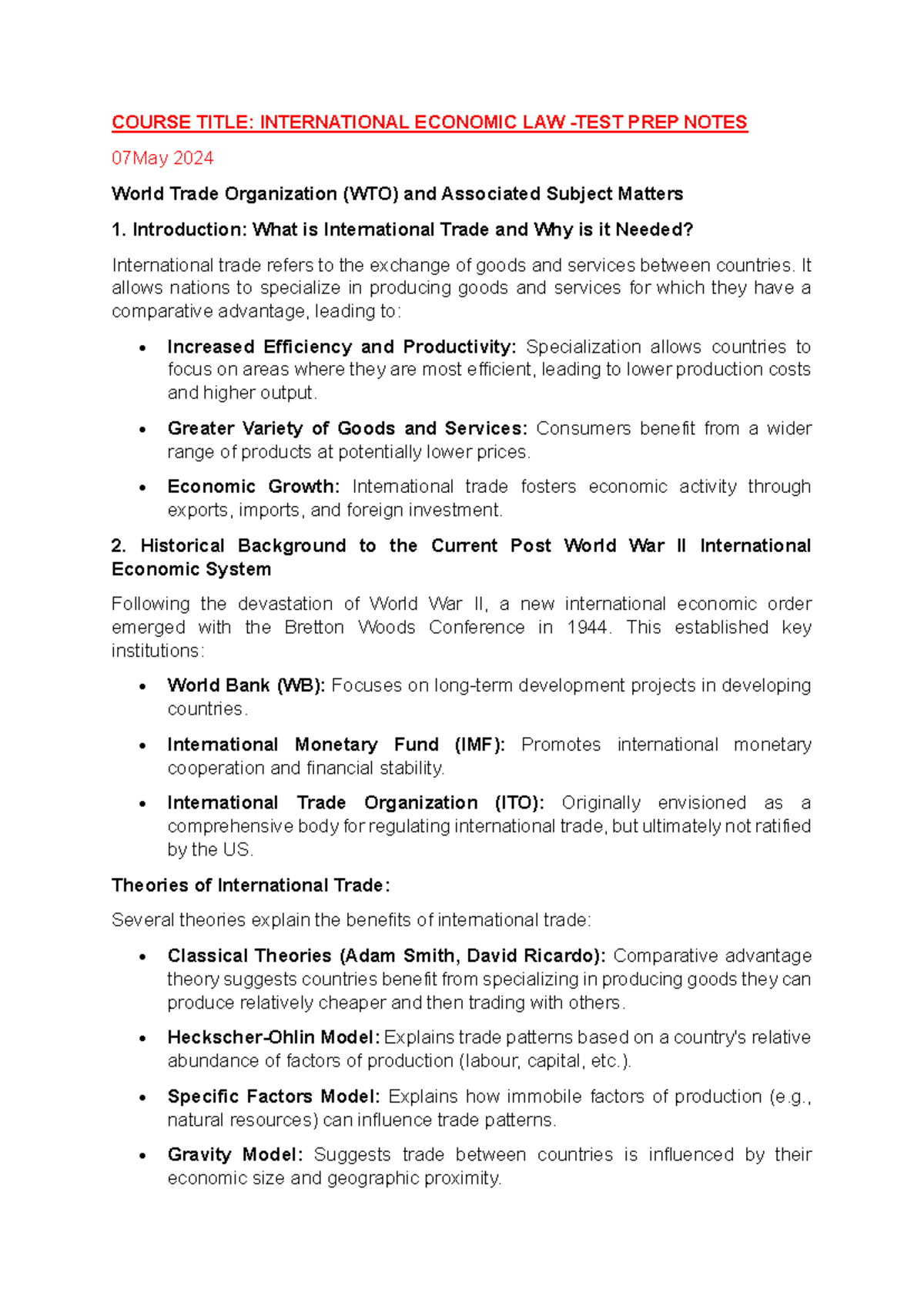 INTL ECON LAW (IEL-101) Test Prep Notes: WTO & Key Trade Theories - Studocu