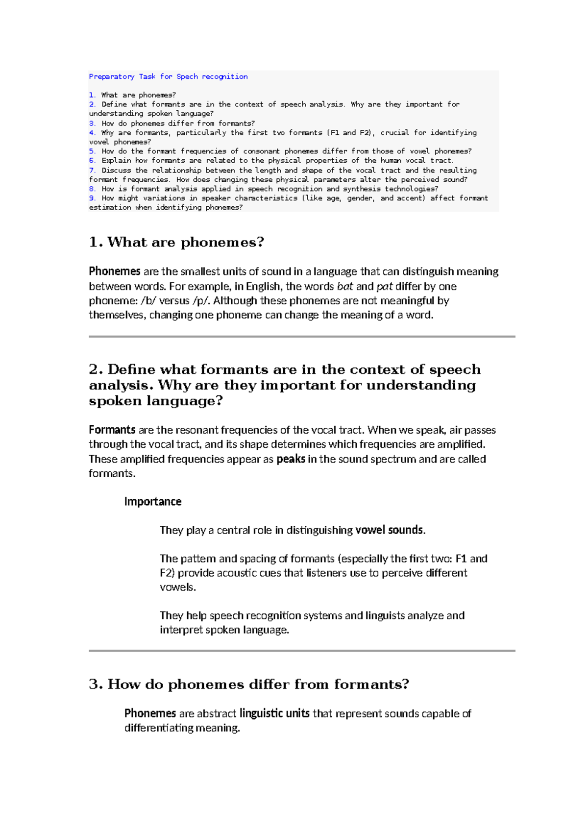 Speech Recognition (CS101): Understanding Phonemes and Formants - Studocu