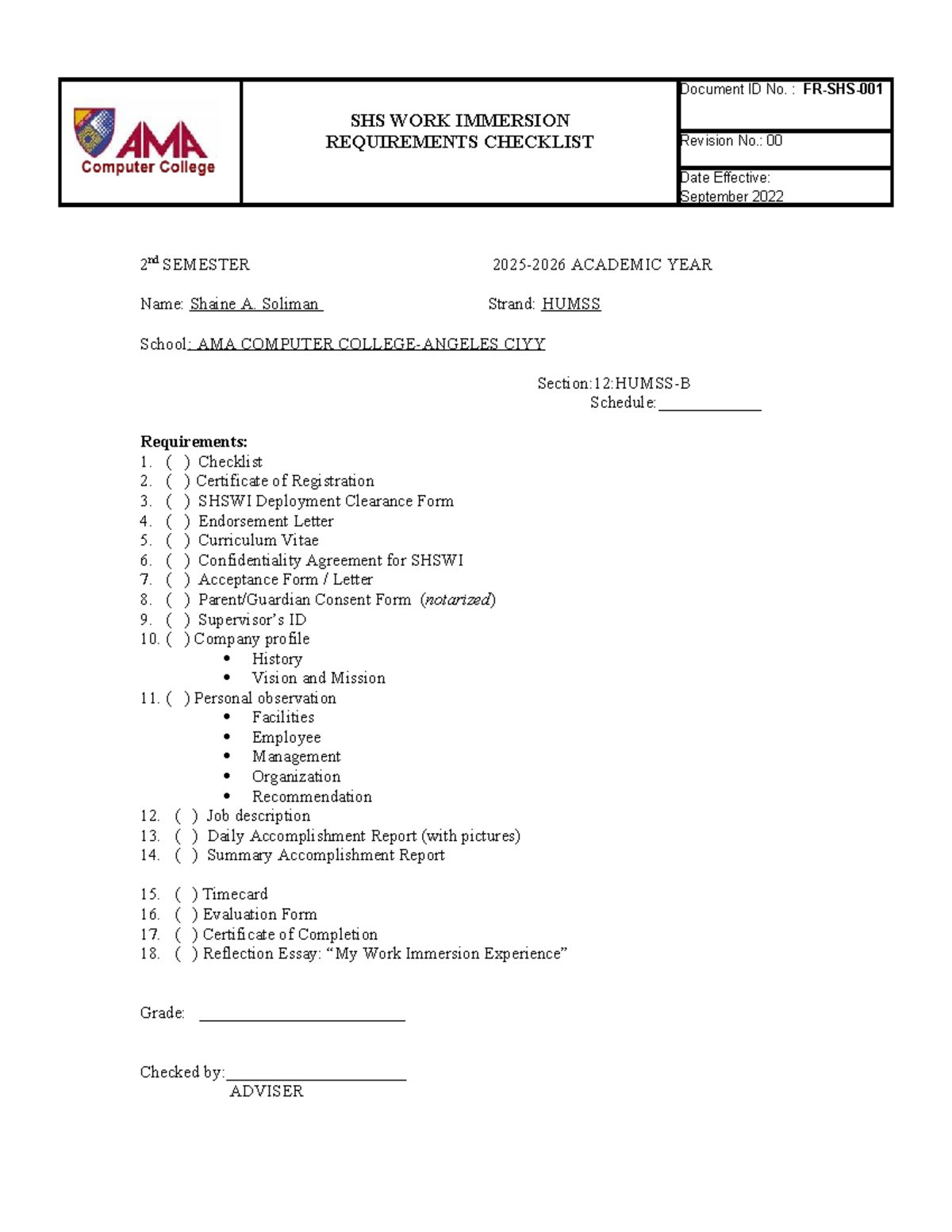 SHS Work Immersion Requirements Checklist - 2nd Sem AY 2022-2023 - Studocu