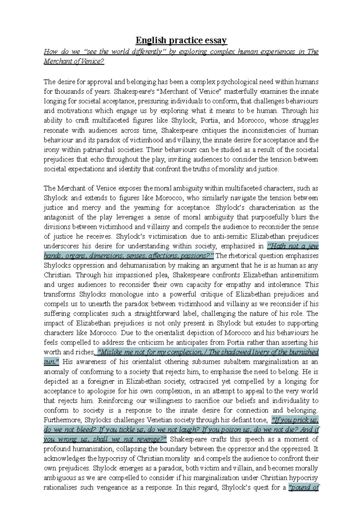 Band 6 Common Mod Essay: Exploring Human Experience in The Merchant of ...