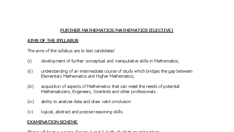 Further Mathematics (Elective) Syllabus and Examination Guide - Studocu