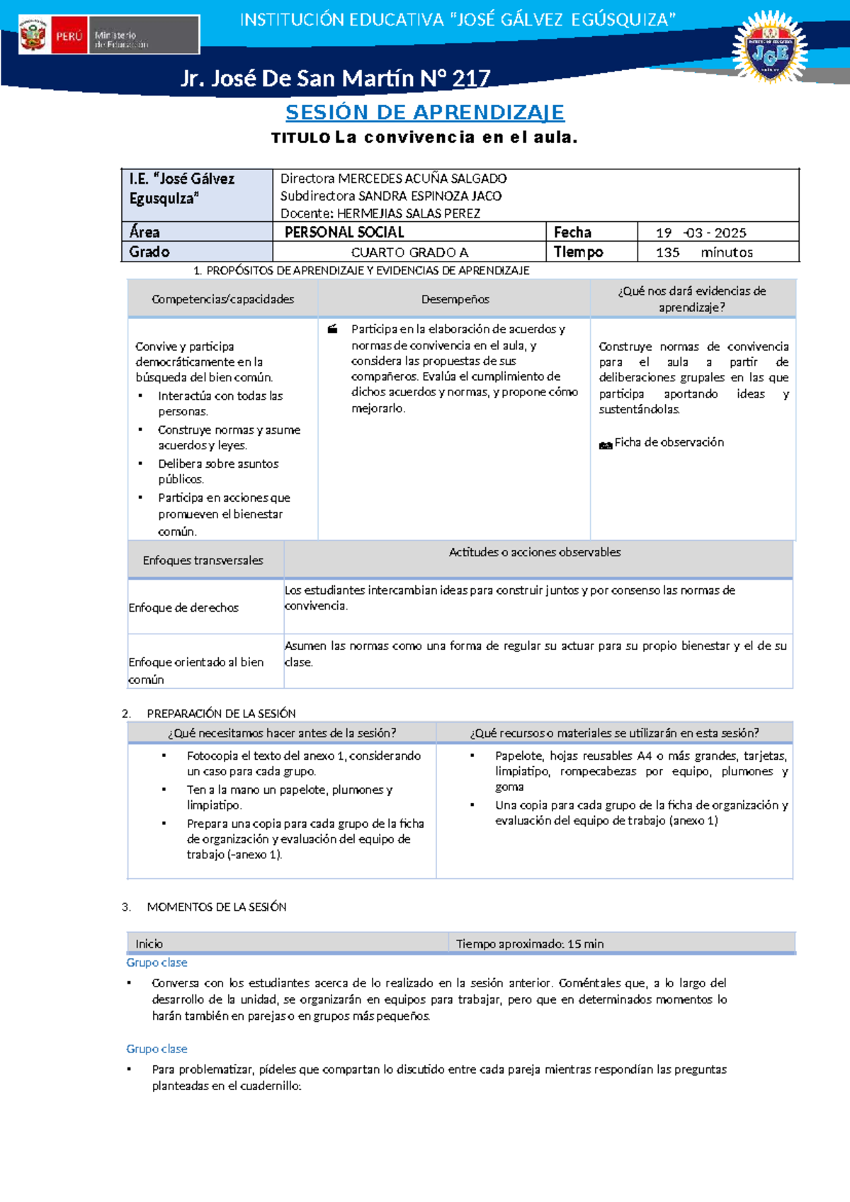 I.E. Gálvez - Sesión de Aprendizaje: Normas de Convivencia en el Aula ...