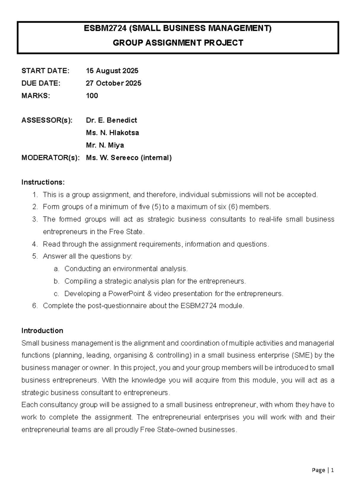 ESBM2724 Small Business Management Group Assignment 2025 - Studocu