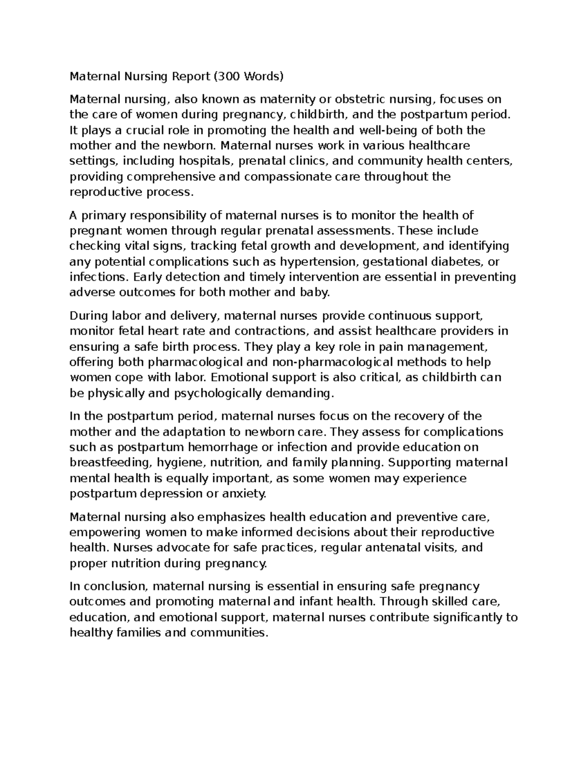 Maternal Nursing Report: Comprehensive Care for Mothers & Newborns ...