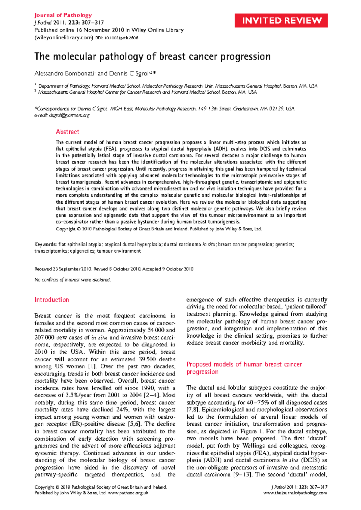 J Pathol 223: Molecular Pathology Insights on Breast Cancer Progression ...