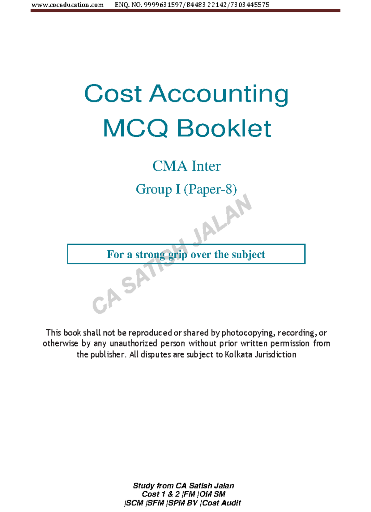 CMA Inter Cost Accounting MCQ Booklet: Daily 10 Must-Do Questions - Studocu