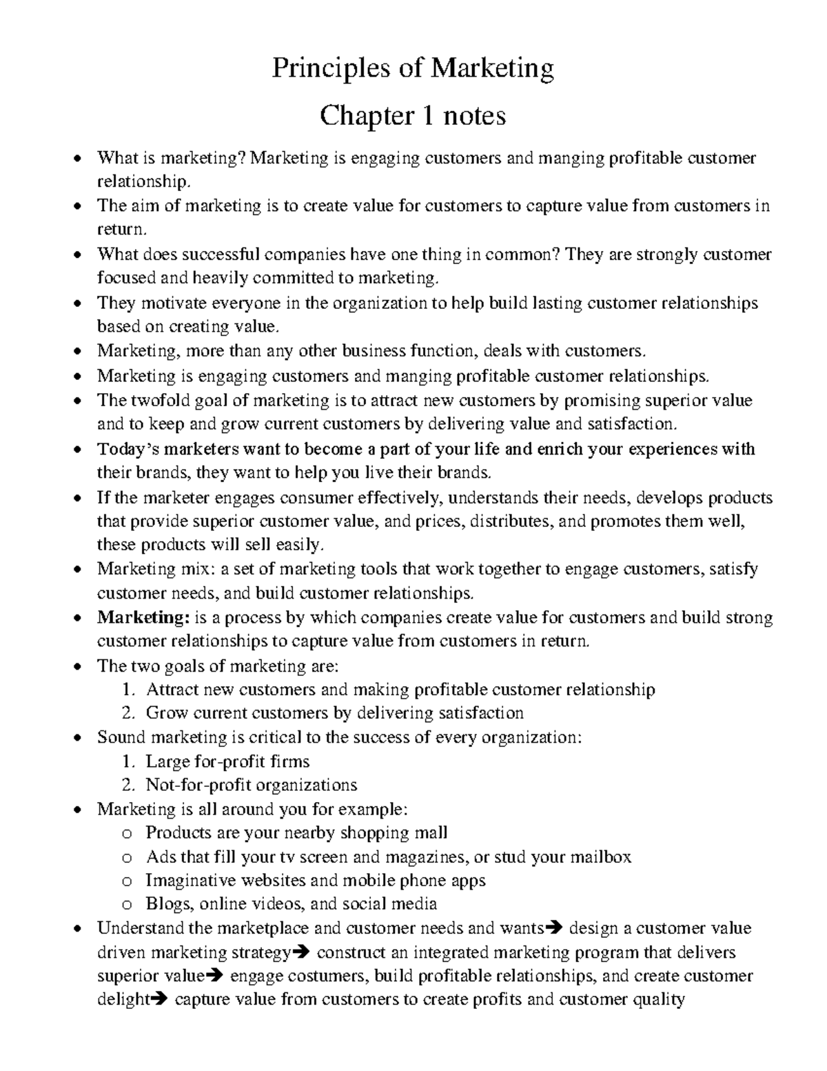 Principles of Marketing CH 1 Notes: Understanding Customer Value ...