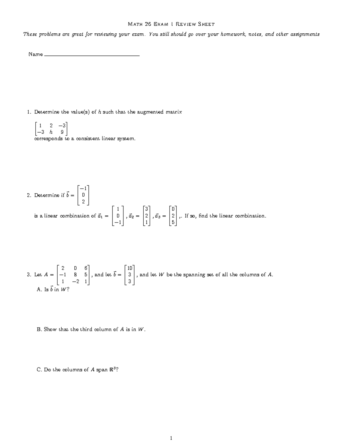 Exam 1 Review - Math 26 Exam 1 Review Sheet These problems are great ...