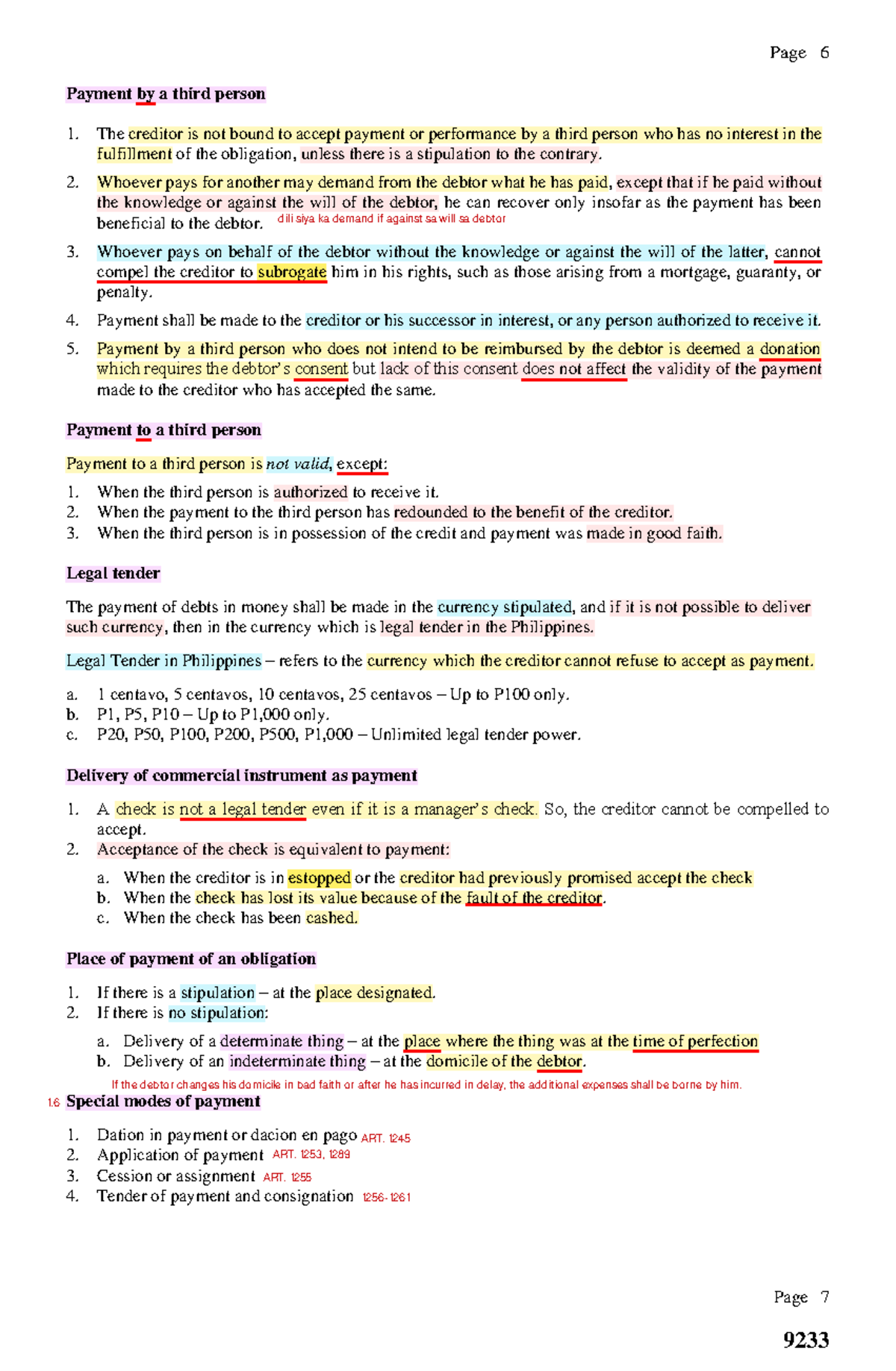 Supplementary Notes - Law on Obligations 9233 (Chapter 6) - Studocu