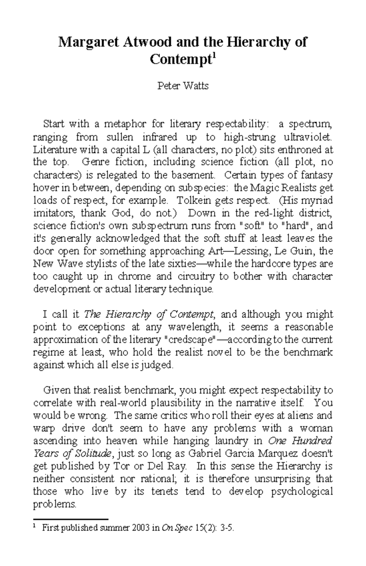 Watts' Hierarchy of Contempt in Speculative Literature - Studocu