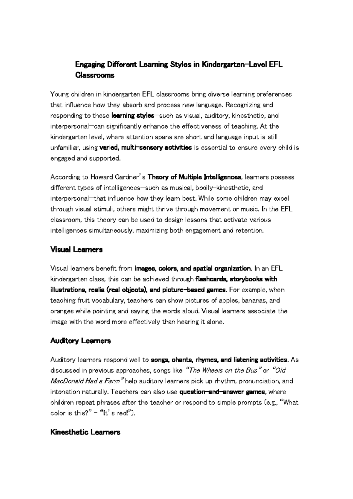 Engaging Learning Styles in Kindergarten EFL Classrooms - Studocu