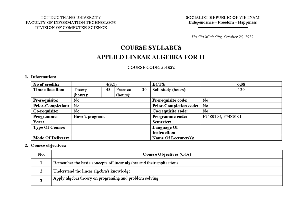 Syllabus for Course 501032 - Applied Linear Algebra for IT - Semester 1 ...