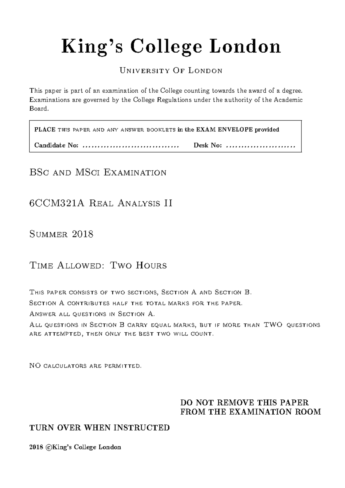 Real Analysis II Summer 2018 Past Exam Paper 6CCM321A - Studocu