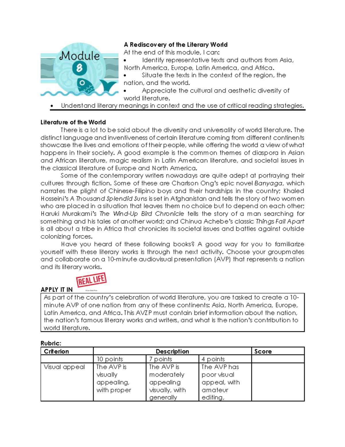 Module 8 - Exploring the Diversity of World Literature - Studocu