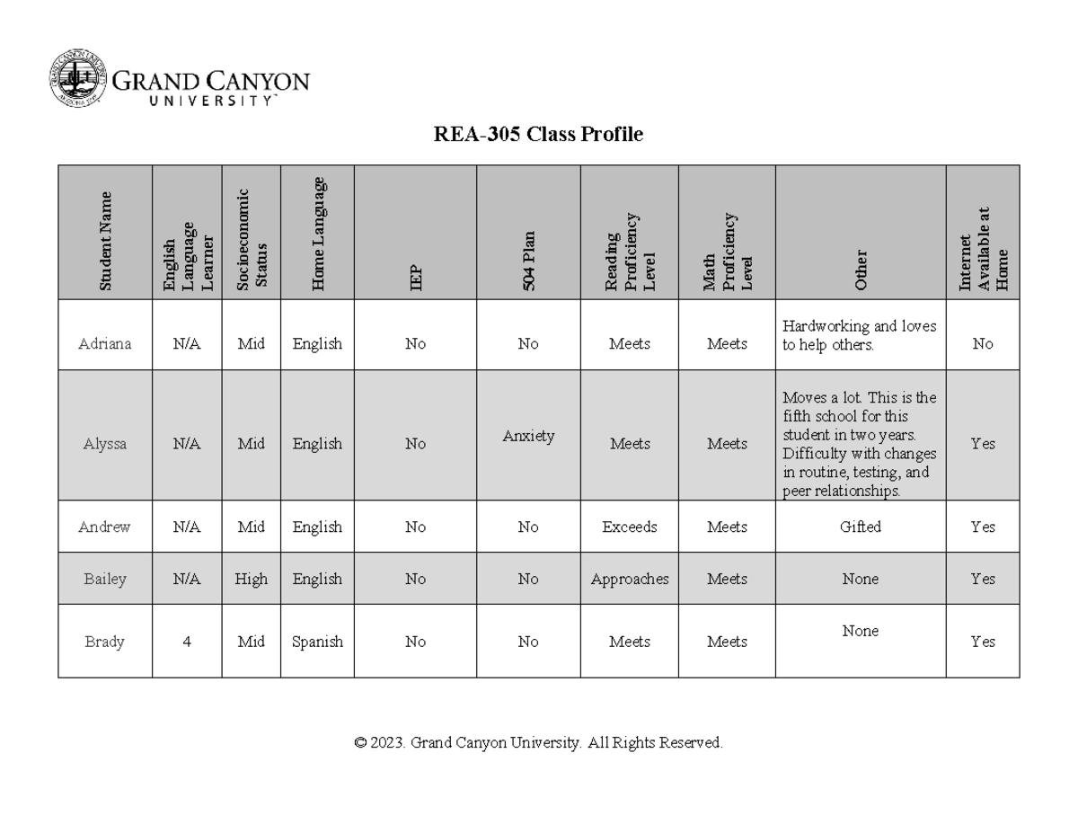 REA 305 RS Class Profile: Student Performance & Support Needs - Studocu