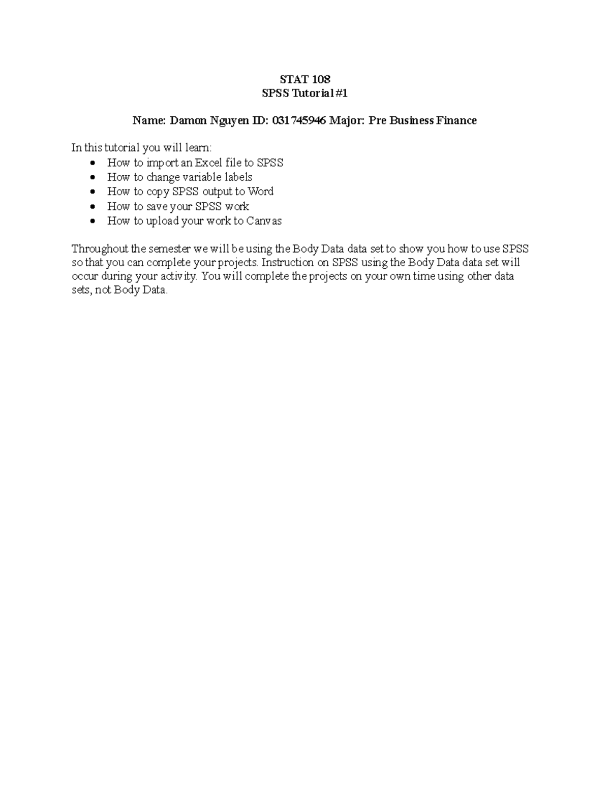 STAT 108 SPSS Tutorial: Project 0 Overview and Instructions - Studocu