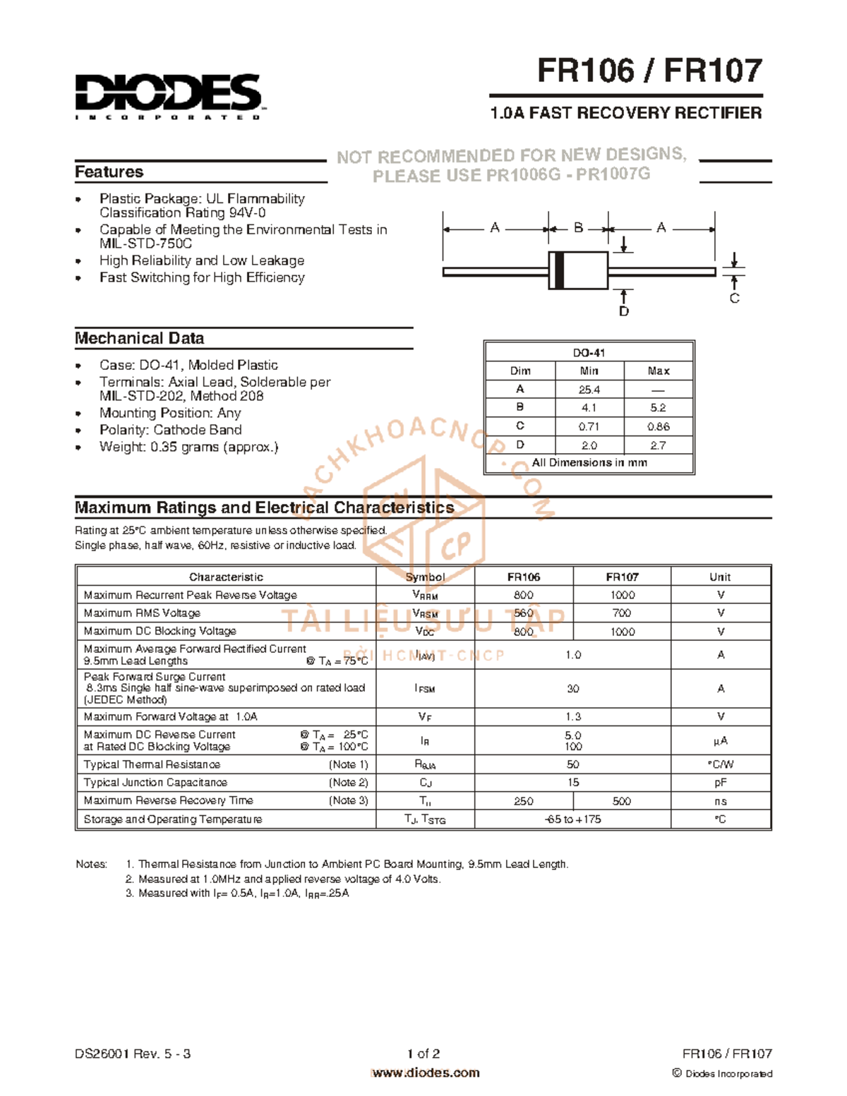 FR 107 datasheet - data sheet - DS26001 Rev. 5 - 3 1 of 2 FR106 / FR ...