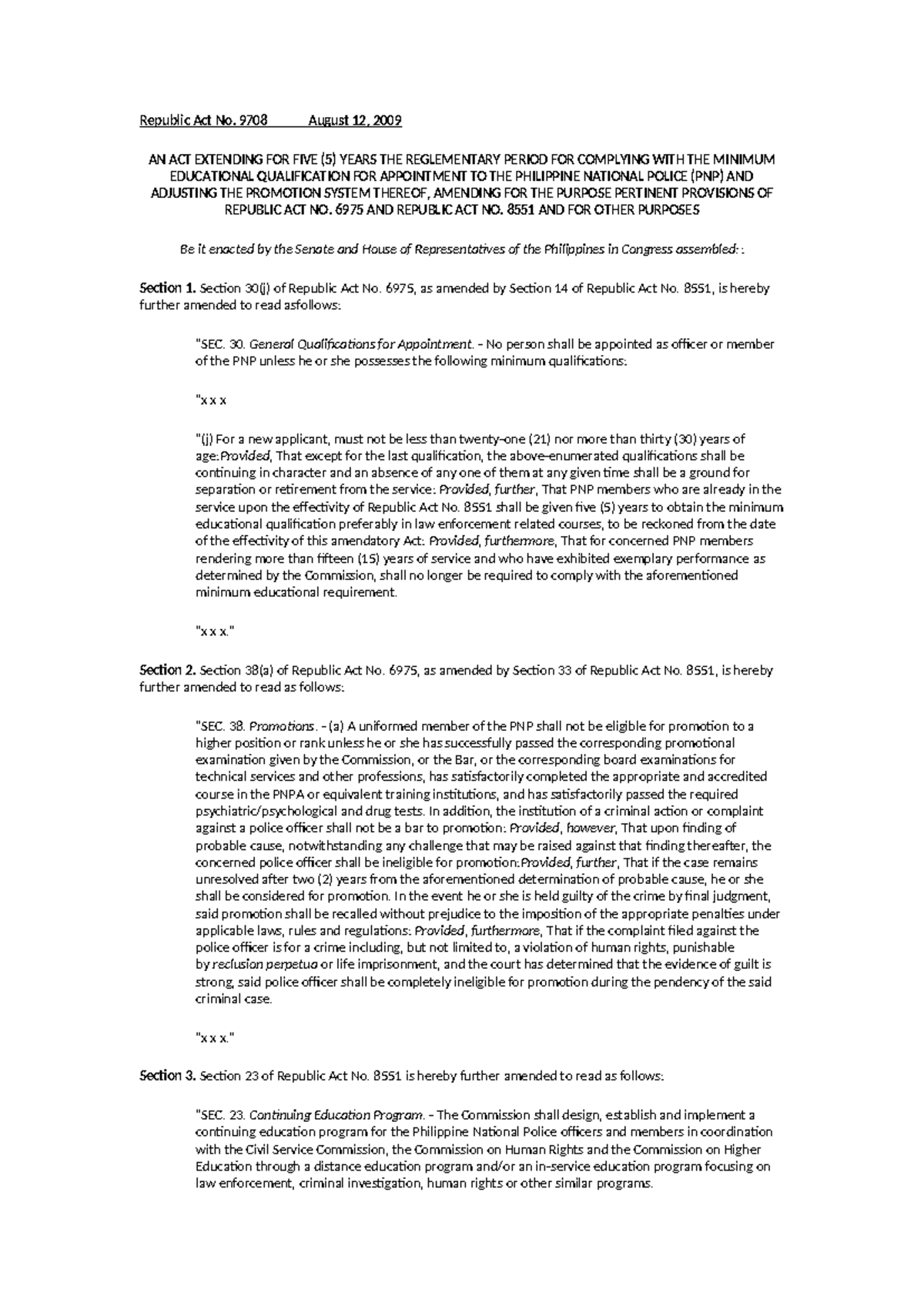 R.A. 9708: Extending Educational Qualification Period for PNP Members ...