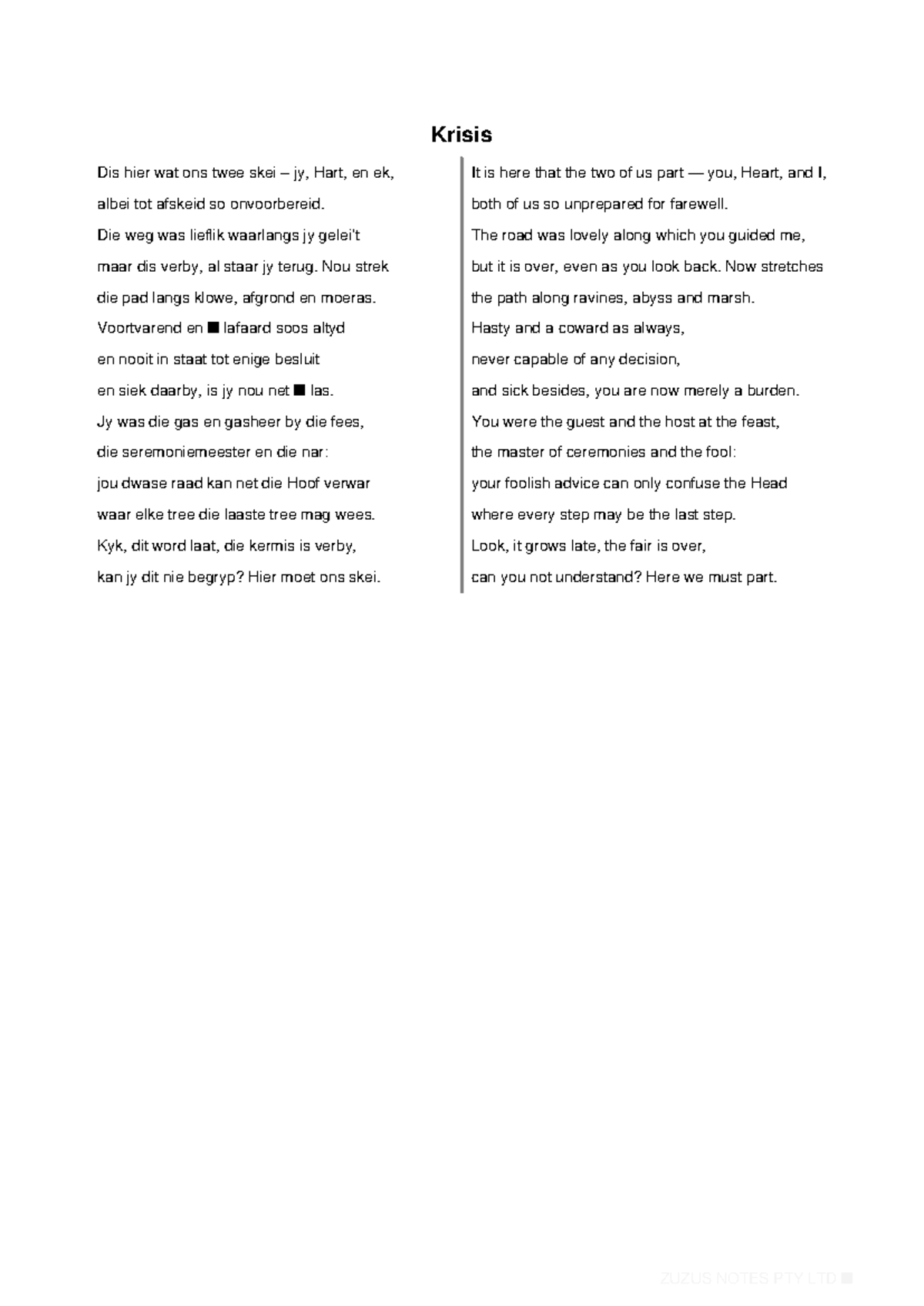 Poems Analysis and Interpretation: Afrikaans Literature (AFR 101) - Studocu