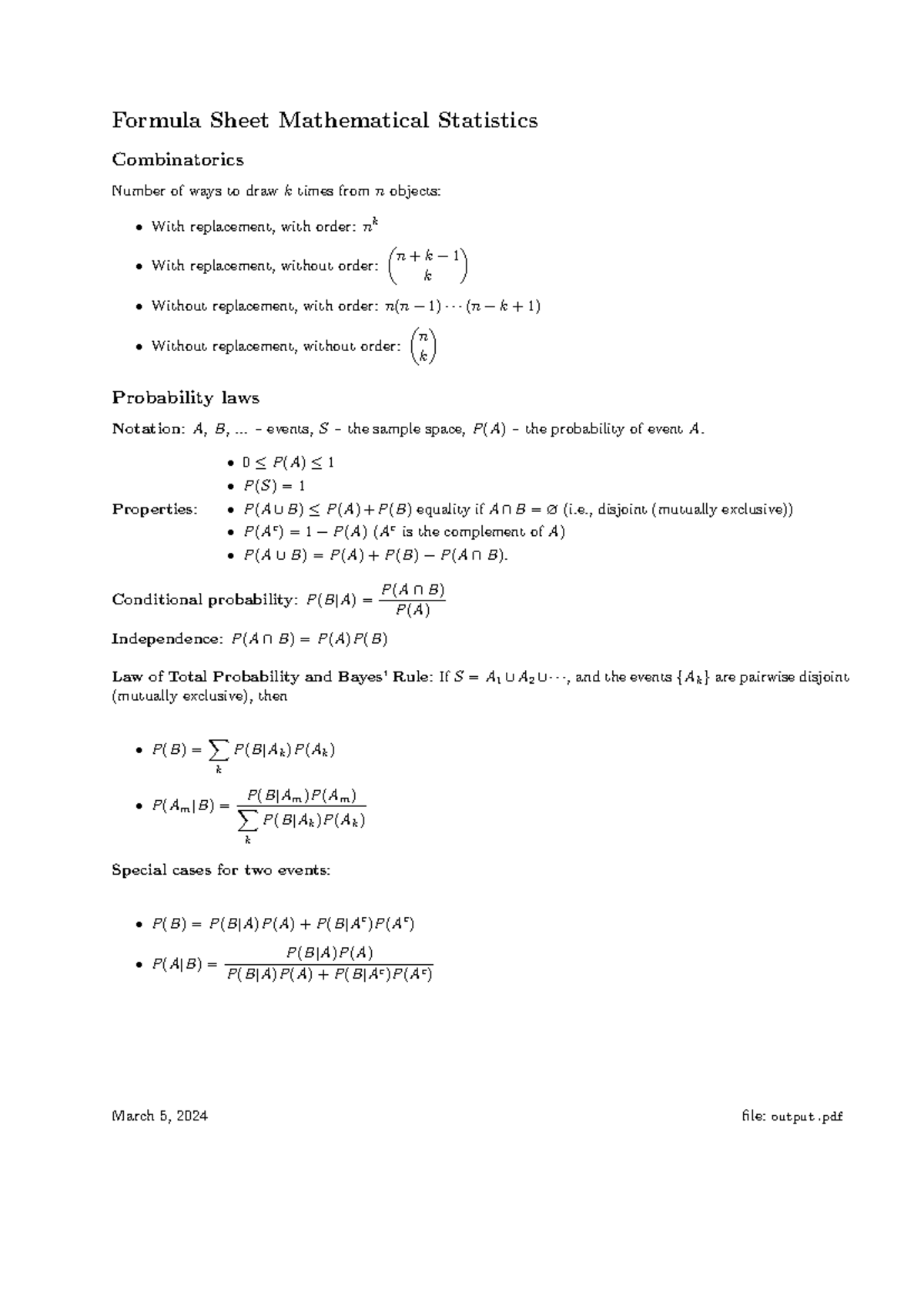 Math Stat Formulas - Formula Sheet for Combinatorics and Probability ...