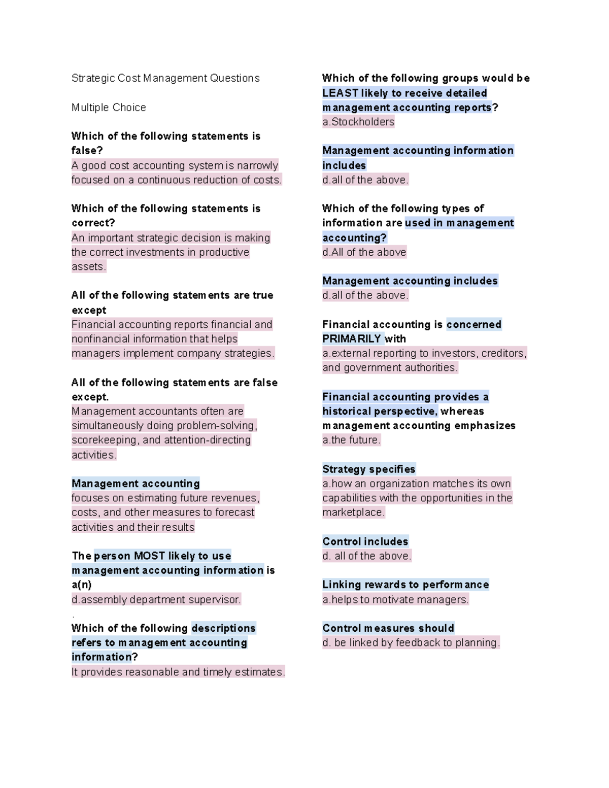 Cosman - Strategic Cost Management Accounting Review Questions - Studocu
