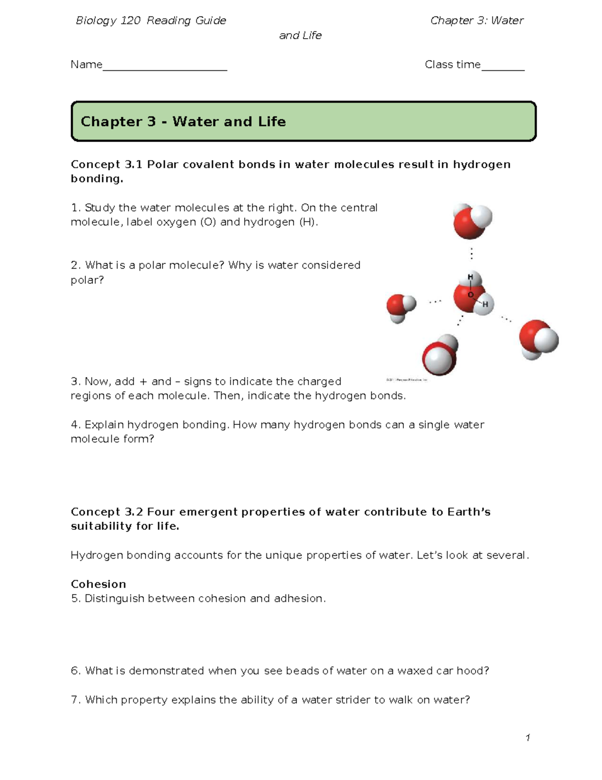 Biology 120 Reading Guide: Chapter 3 - Water and Life Concepts - Studocu
