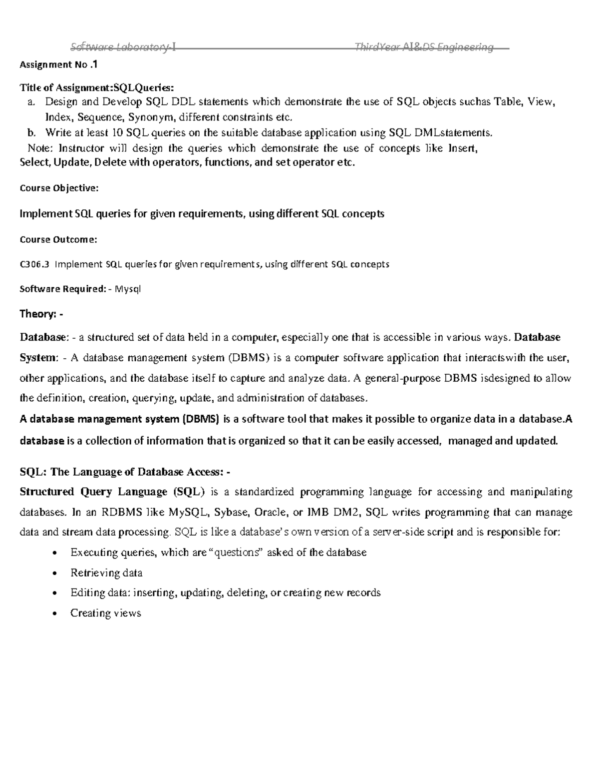 SQL Queries Assignment No. 1 - Third Year Engineering (C306.3) - Studocu