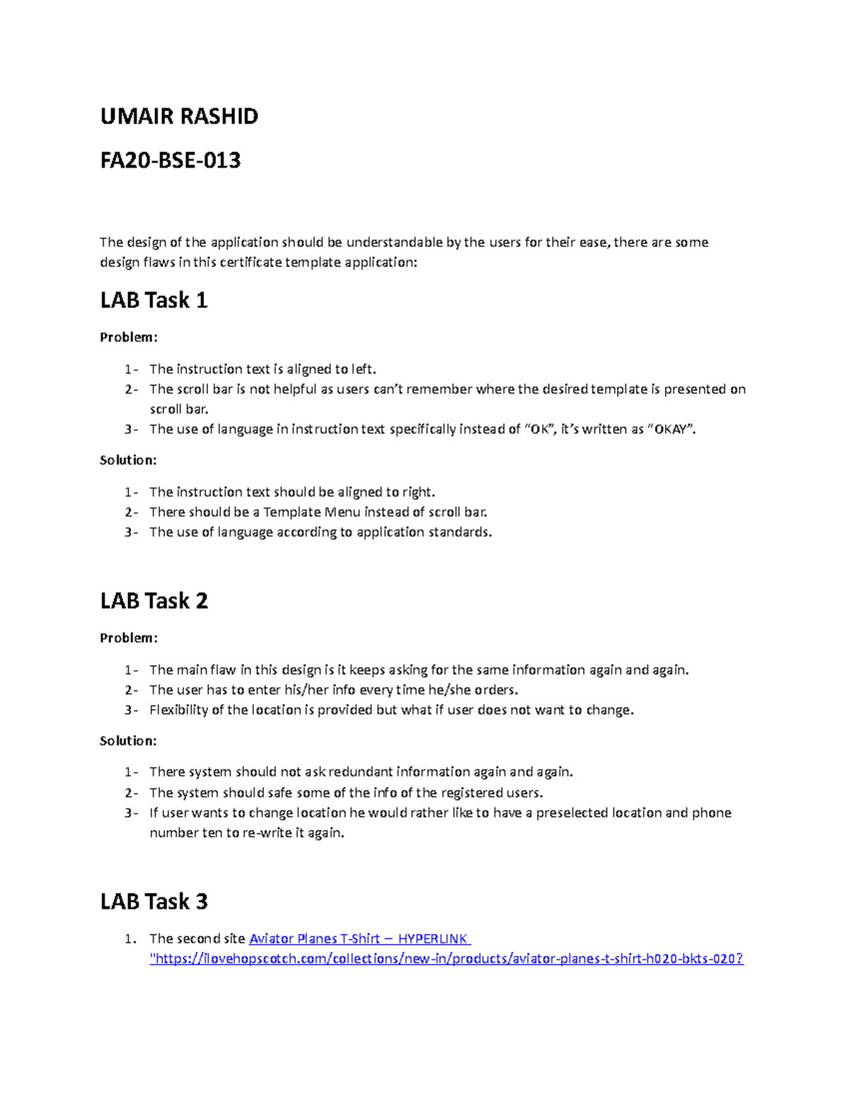 Umair Rashid HCI LAB Draft - UMAIR RASHID FA20-BSE- The design of the ...