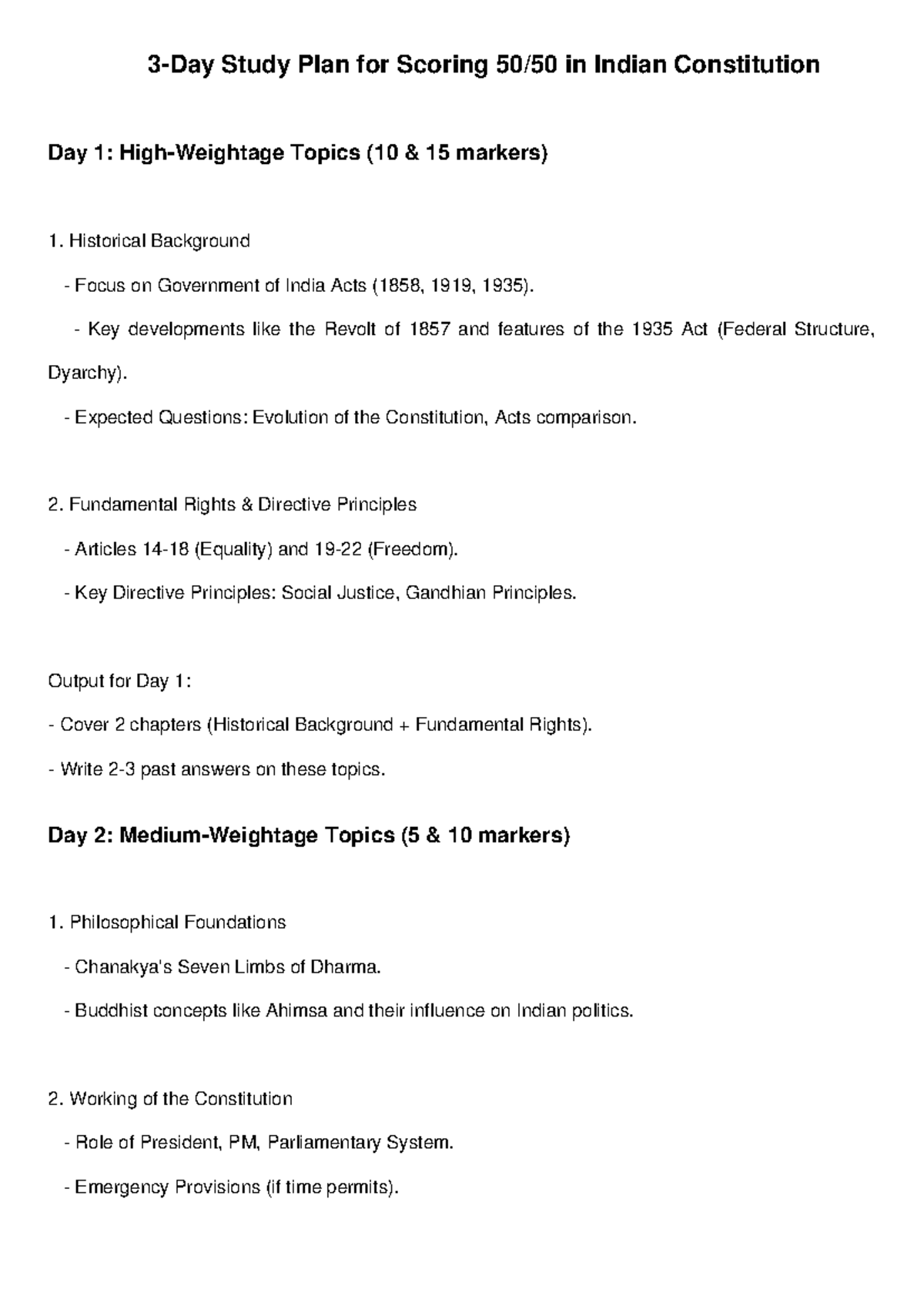3-Day Study Plan Indian Constitution - 3-Day Study Plan for Scoring 50/ ...