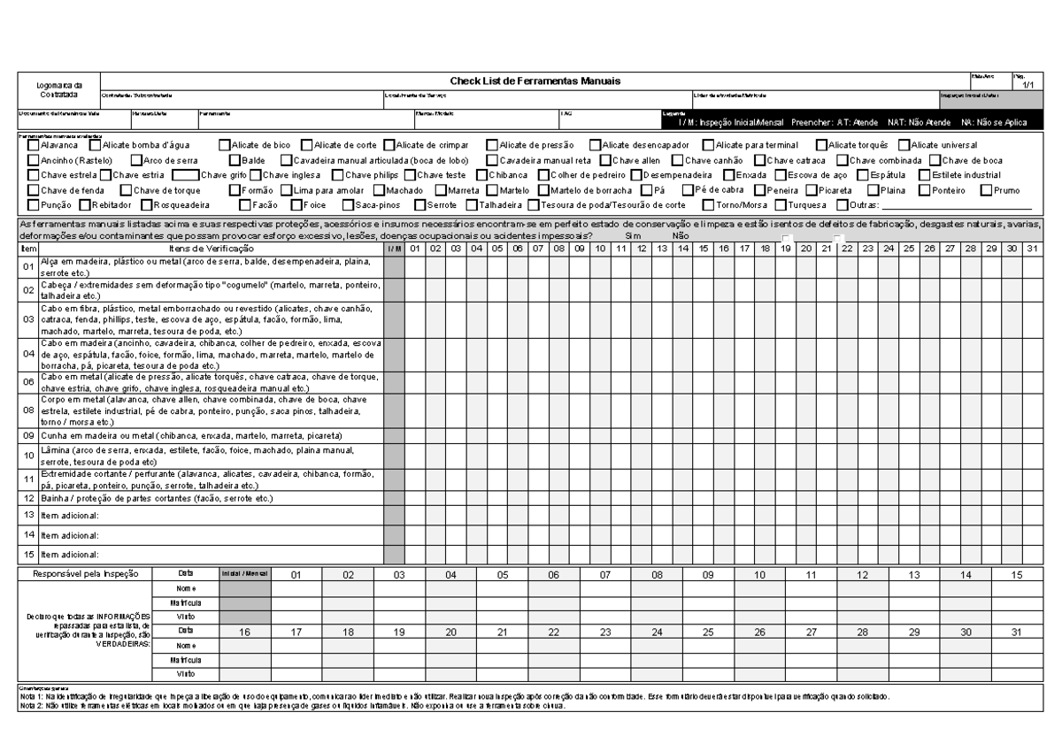 Check List de Inspeção de Ferramentas Manuais - Vale - Studocu