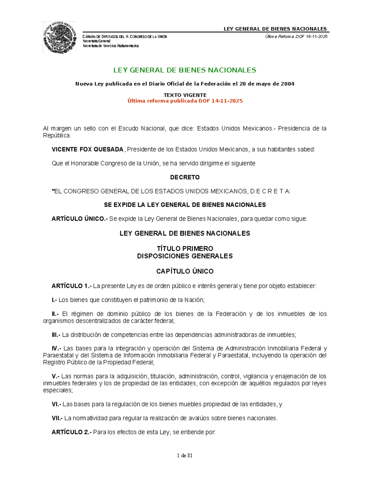 LGBN - Ley General de Bienes Nacionales: Texto Vigente y Reformas - Studocu