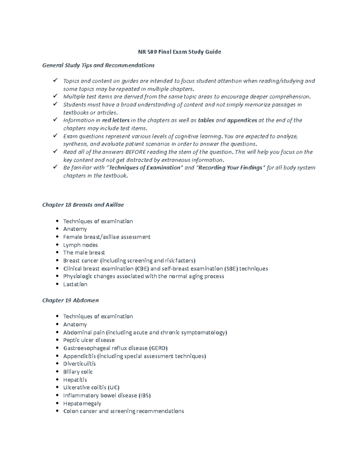 NR509 Final Exam Study Guide - Comprehensive Review of Key Topics - Studocu