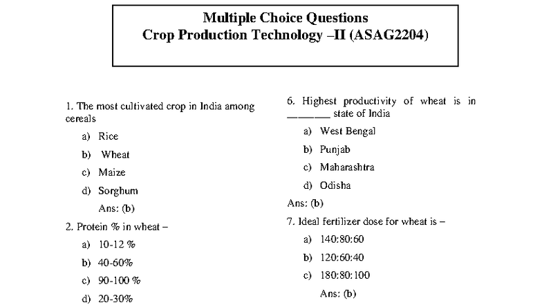 CPT-II-MCQ: Multiple Choice Questions on Crop Production Technology ...