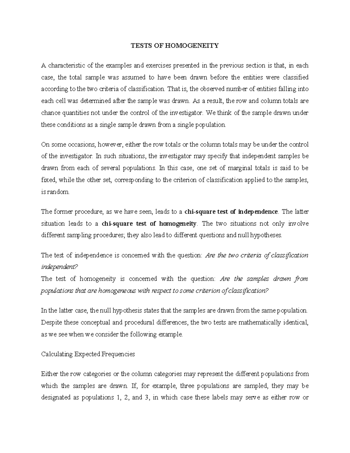 Tests of Homogeneity - Notes on Statistical Analysis - Studocu