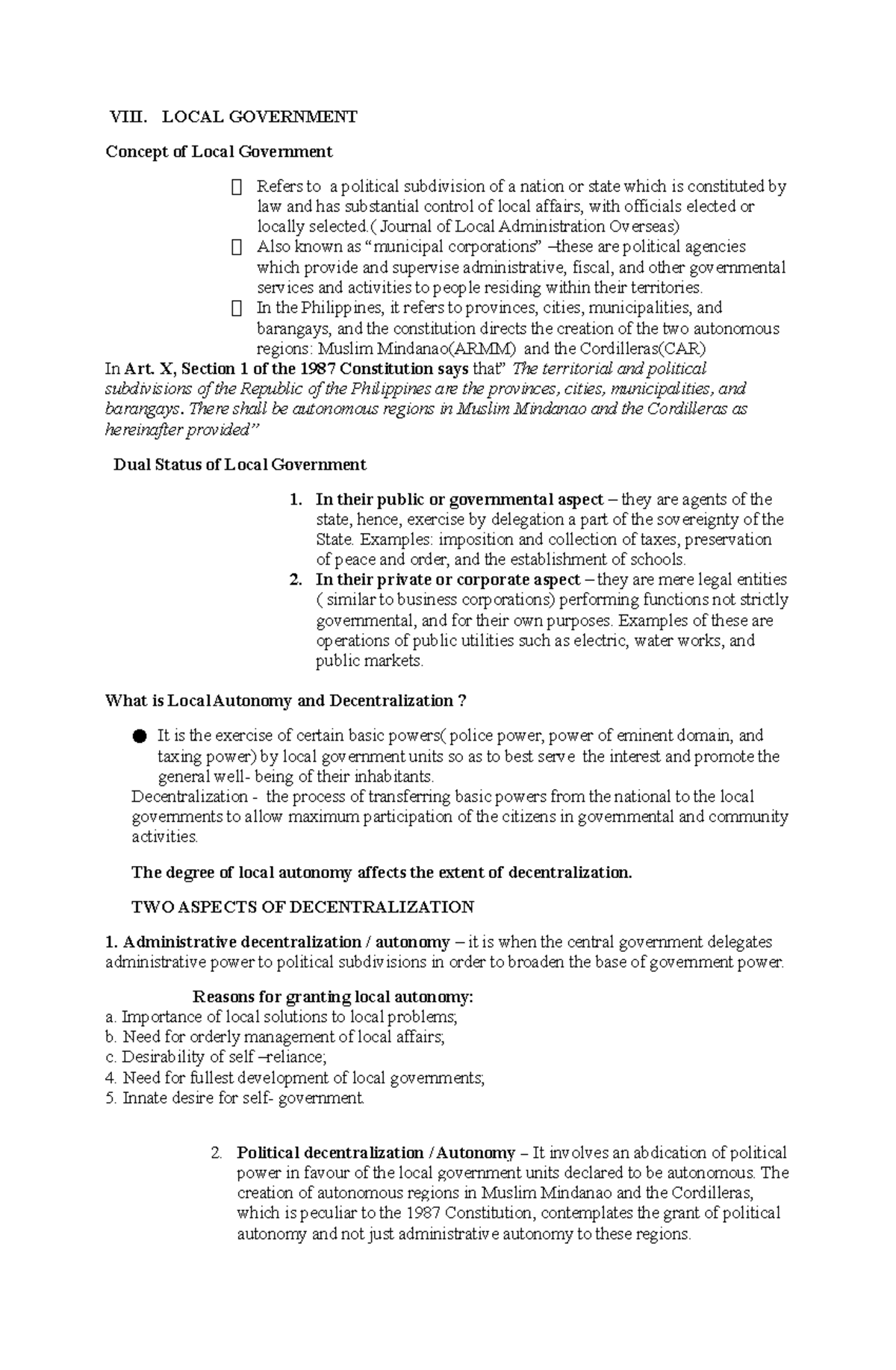 Module VIII - Understanding Local Government and Its Powers - Studocu