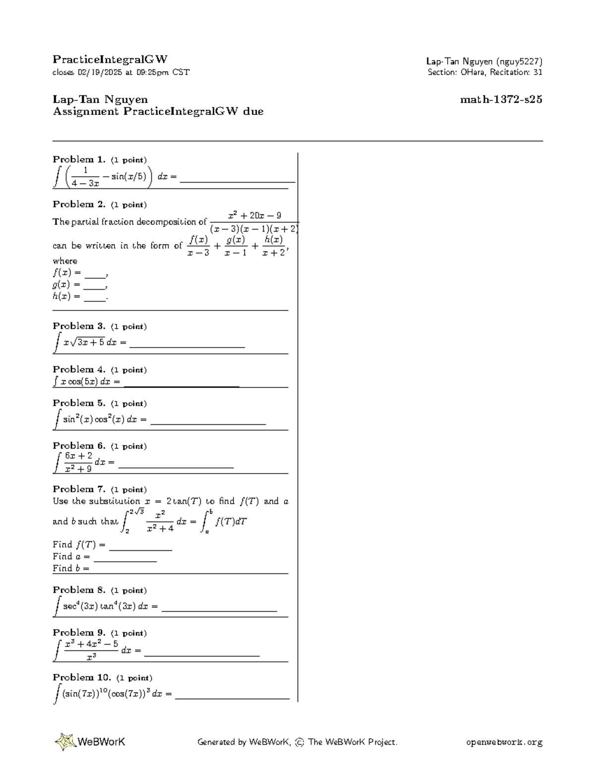 Math-1372-s25 - Material for practice Intergration - PracticeIntegralGW ...