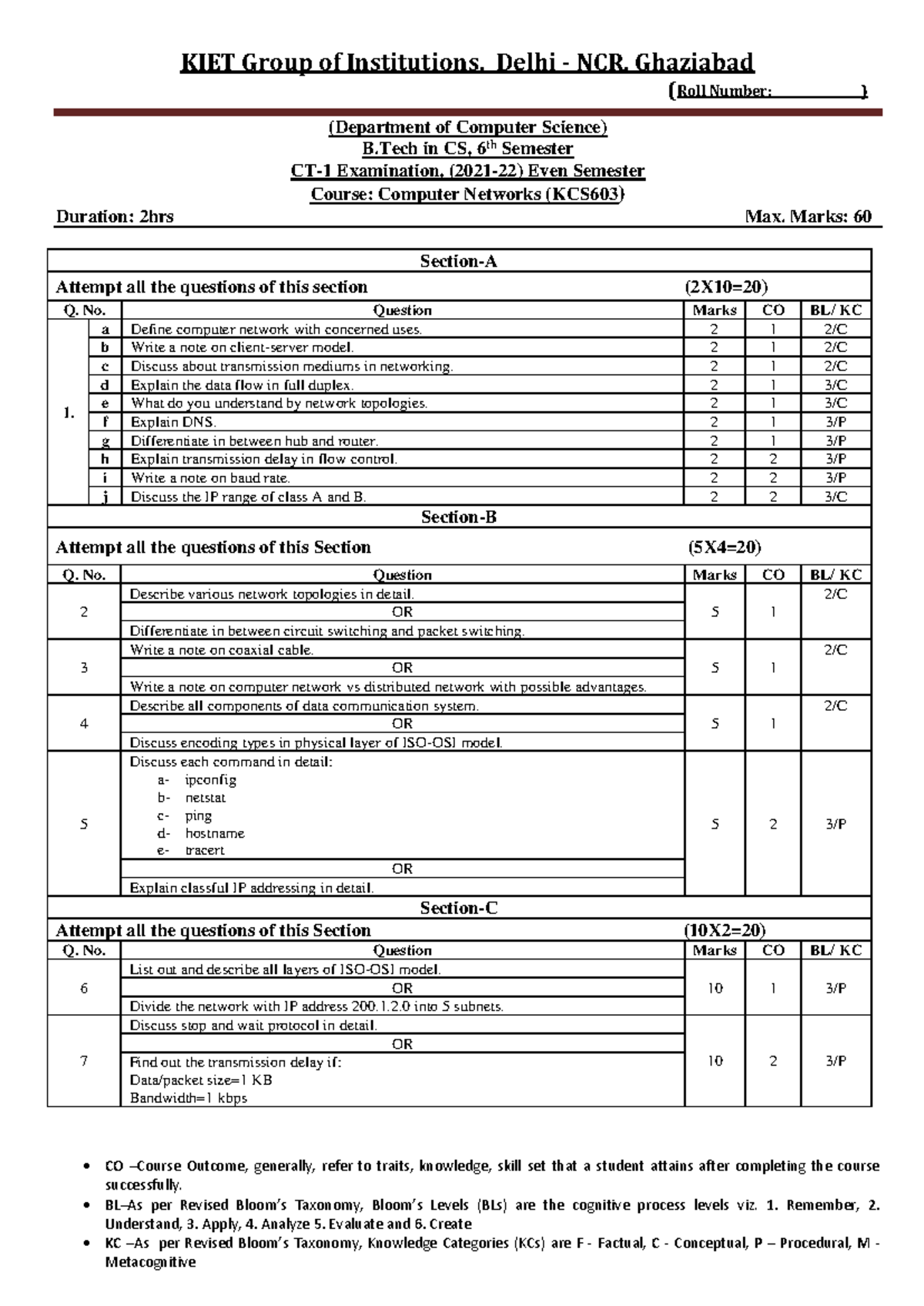 KCS603 Computer Networks - 6th Sem Exam Question Paper - Studocu
