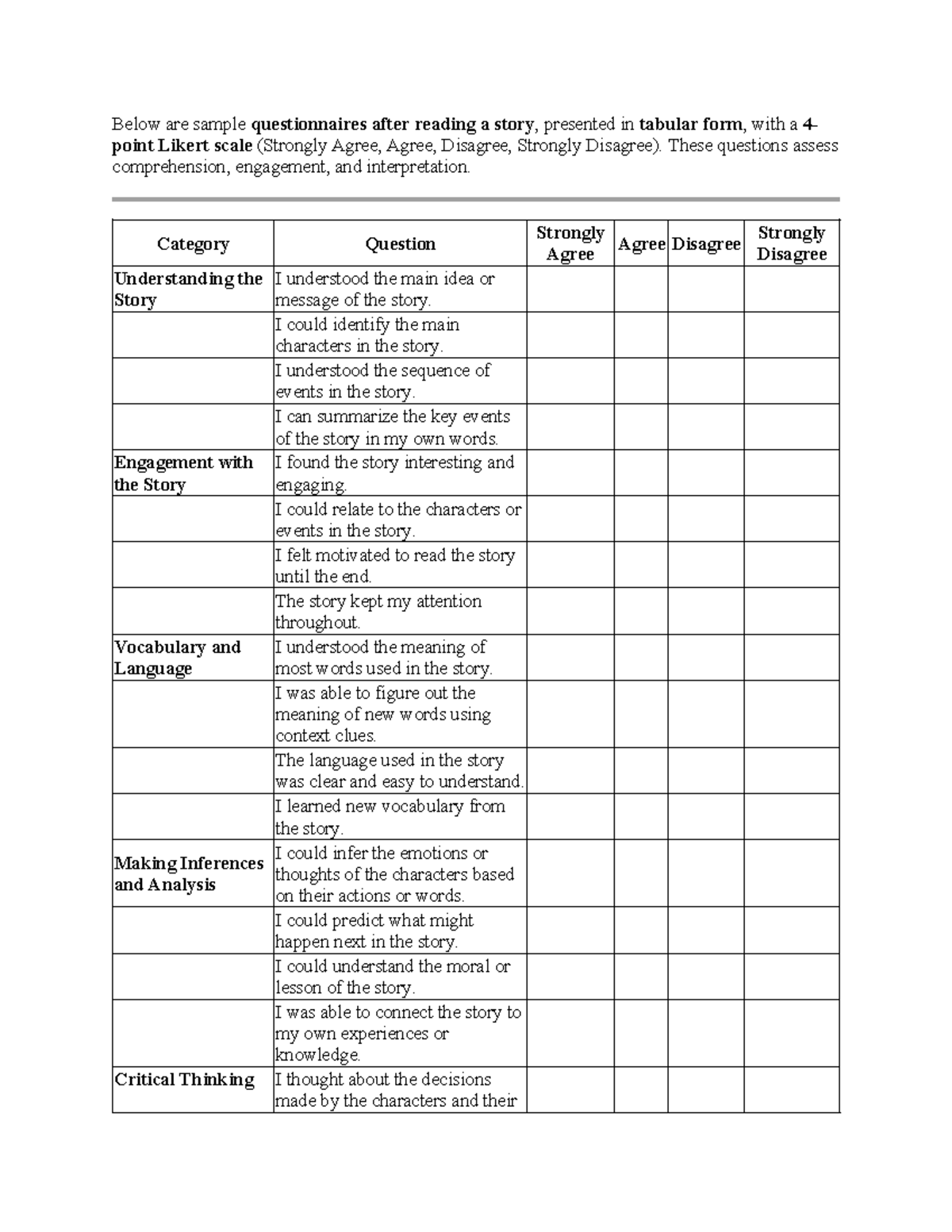 Sample Questionnaires for Story Comprehension & Engagement - Studocu